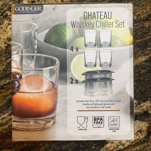 GODINGER FINE CRYSTAL CHATEAU WHISKEY CHILLER SET‎ 4 glasses 4 ice mold cavities - Picture 4 of 8